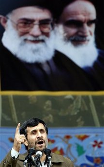 Iranian President Mahmoud Ahmadinejad, speaks during a ceremony at celebrations marking the 30th anniversary of the 1979 Islamic revolution that toppled the U.S.-backed late Shah Mohammad Reza Pahlavi and brought hard-line clerics to power, in Tehran on Tuesday Feb, 10, 2009.  Iran welcomed talks with the new administration of U.S. President Barack Obama on the basis of mutual respect, President Mahmoud Ahmadinejad said. Photo of Iran's late leader Ayatollah Khomeini, and Iran's supreme leader Ayatollah Ali Khamenei, are seen in background.(AP photo/Hasan Sarbakhshian)