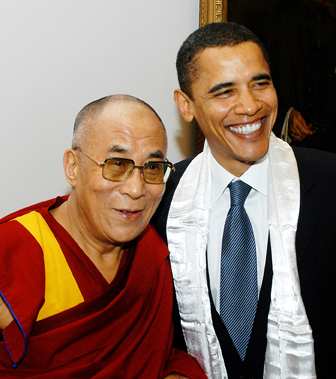 HH the Dalai Lama with President Barack Obama.  Meeting at the Senate, 2005 (Photo by Sonam Zoksang. High-quality, archival inkjet 8.5" x 11" print signed by the photographer: $15.00 ALL PROFITS from the sale of this photo will go to www.studentsforafreetibet.org)